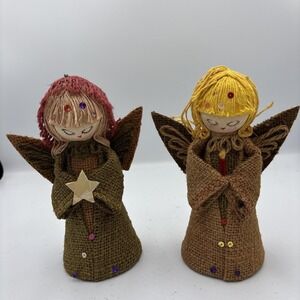 VTG 1960s Pair of Angels Cardboard Burlap Yarn Hair Holiday Decor Made in Japan*
